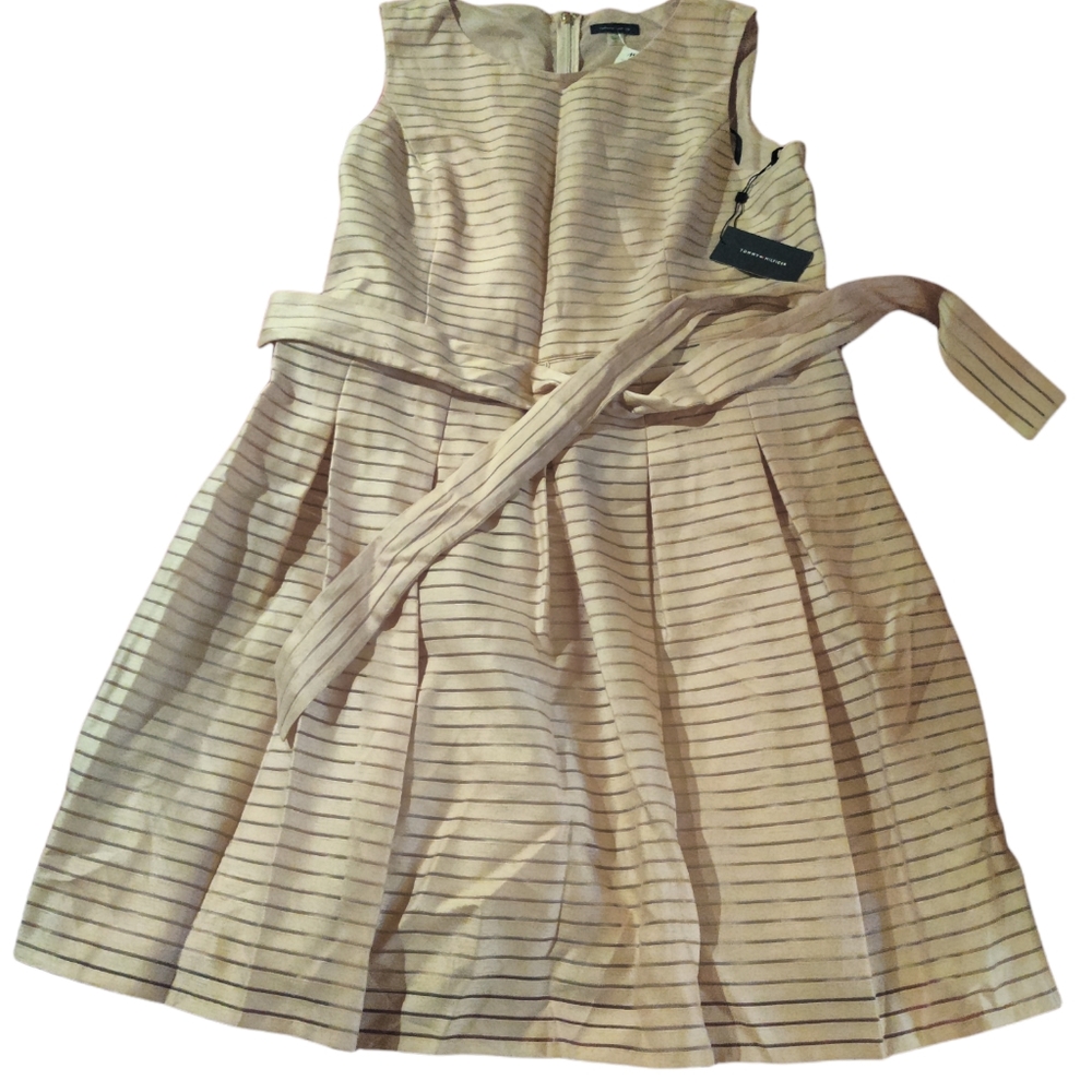 Tommy Hilfiger Sash Belted Fit & Flare Dress | Cream | Stripe | cocktail | party